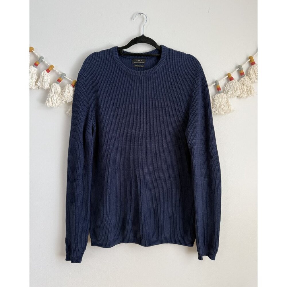 Zara Man 100% Fine Cotton Navy Ribbed Knit Crewneck Raglan Sweater Preppy L